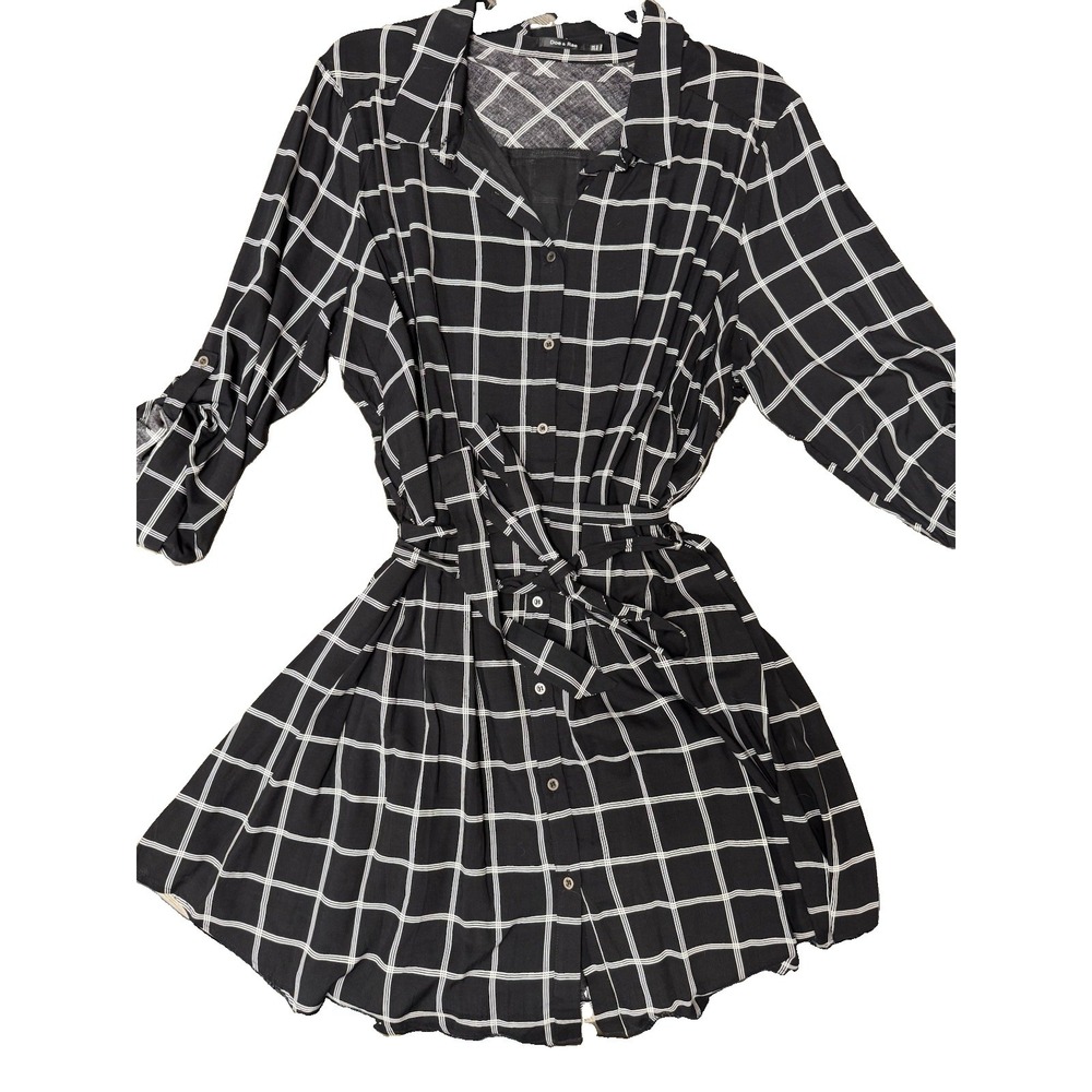 Doe & Rae Women 3X Black White Windowpane Plaid Shirt Dress Belted Plus